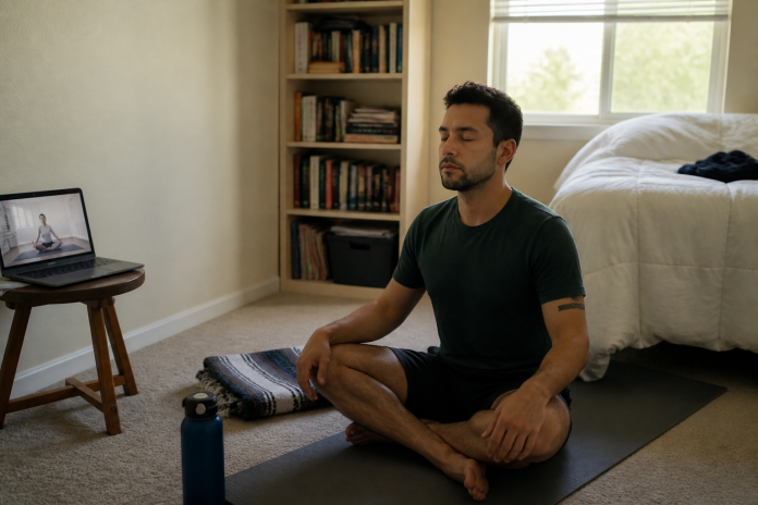 A fifteen-minute chakra routine on a spare-room yoga mat Man sitting cross-legged on a yoga mat in a spare bedroom, breathing with eyes closed