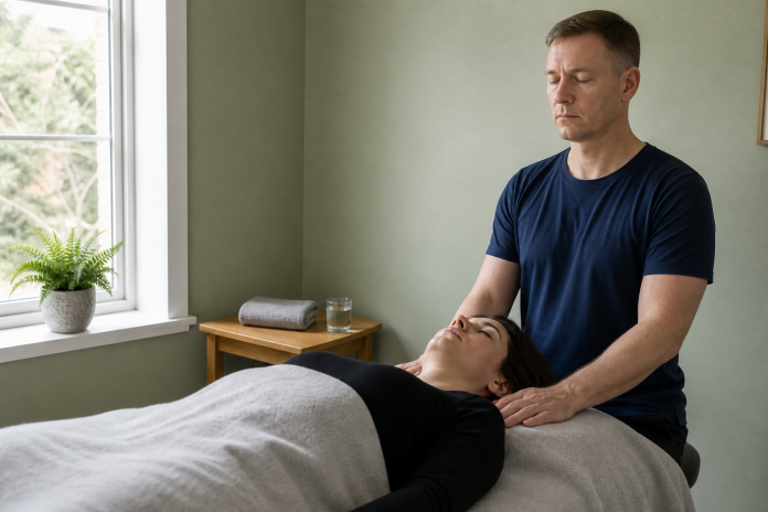 Energy healing session in a daylight treatment room Practitioner resting hands on the shoulders of a clothed client lying on a massage table in a bright treatment room