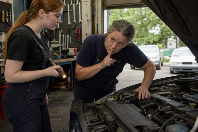 Expert intuition: a mechanic listening to an engine Experienced mechanic listening closely to a running engine while an apprentice holds a torch