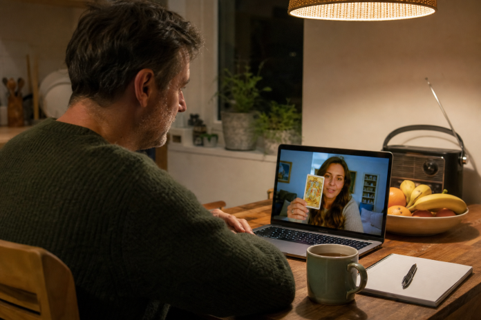 Man at a kitchen table taking notes during a video-call tarot reading on a laptop