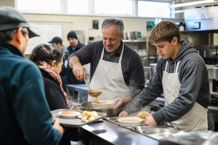 Volunteers serving soup at a community kitchen Two volunteers ladling soup at a community kitchen counter