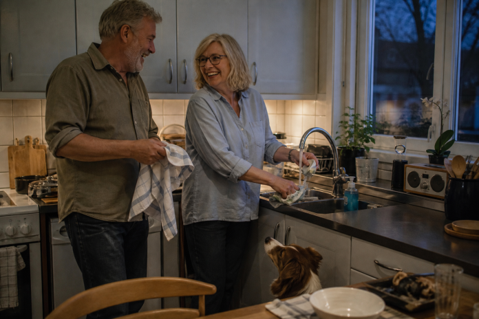 A long-married couple washing up together Couple in their sixties laughing while washing and drying dishes together at a kitchen sink