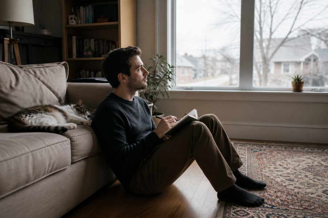 Journaling on the living-room floor Man sitting on a living-room floor with a journal open on his knees, thinking, a cat asleep on the sofa behind him