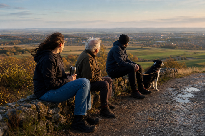 Friends resting on a hilltop wall at golden hour Three friends sitting on a stone wall on a hilltop looking over farmland at golden hour