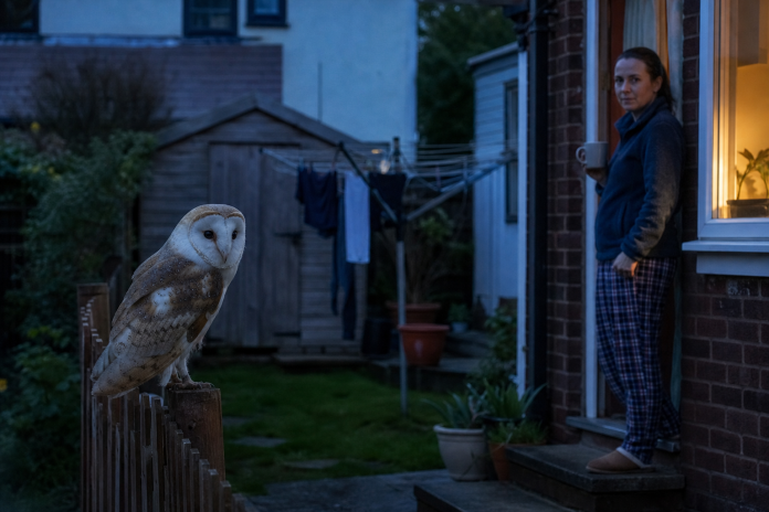 A barn owl on a garden fence at dusk Barn owl perched on a garden fence post at dusk while a woman watches quietly from her back step