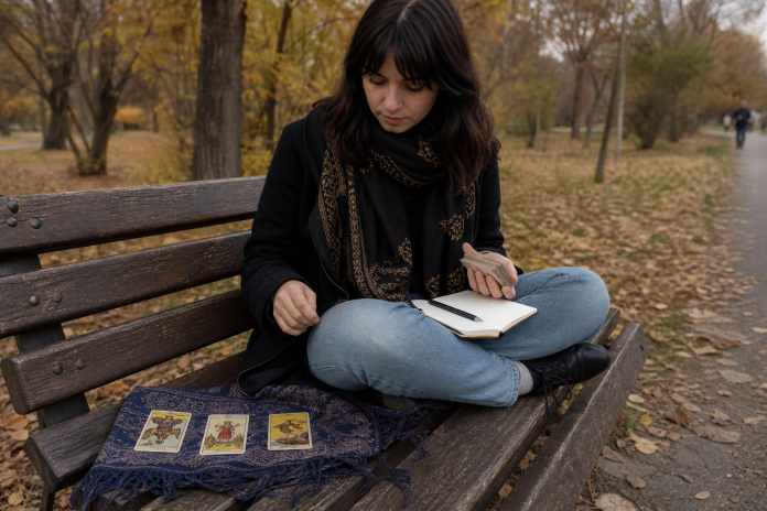 Young woman on a park bench in autumn with a three-card tarot spread laid on a scarf and a notebook on her knee