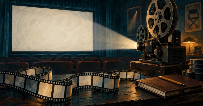 An editorial illustration of a film projector, filmstrip and a separate fact-checking notebook.