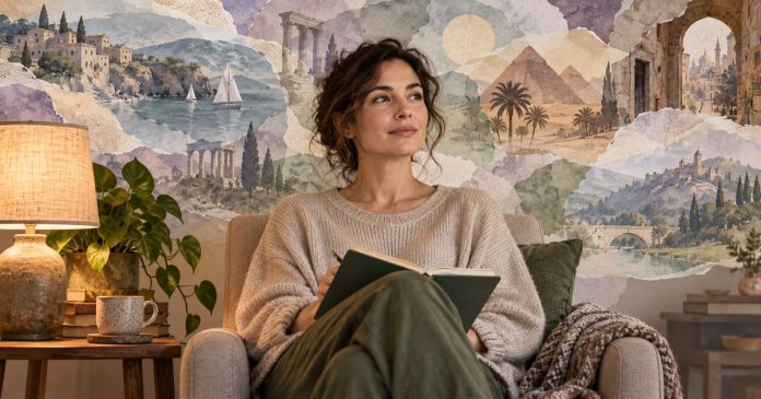 Past Life Regression and False Memories: What to Know Editorial illustration of a woman journaling beside imagined historical scenes, not verified memories.