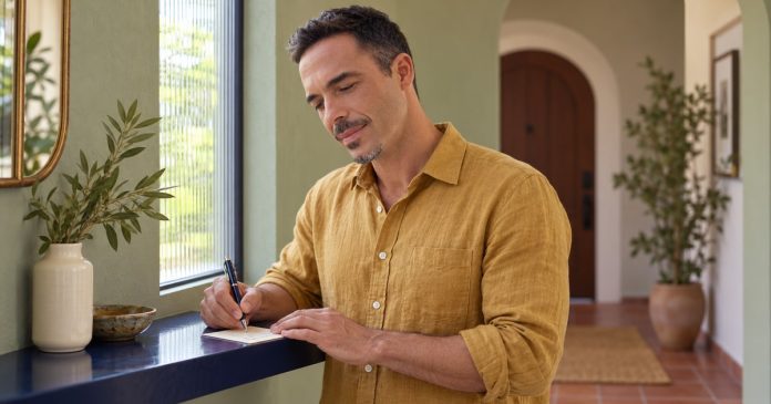 Affirmations: writing a personal reflection card — 206 Man writing a reflection card at an indigo wall shelf beside a reeded-glass window