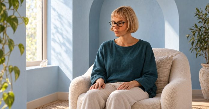 Woman with a blonde bob and black glasses seated in a cream armchair beside a small quartz stone.