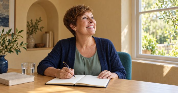 Consciousness and grounded choices — post 56 Woman holding a pen above a blank journal at a maple desk, looking toward a sunlit garden window