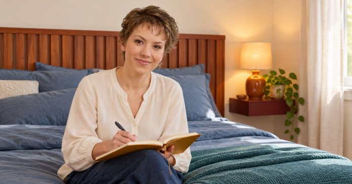 Dream Types Morning Journal 180 20261022 Woman writing in an ochre journal on a blue-linen bed beside a teal blanket and amber bedside lamp
