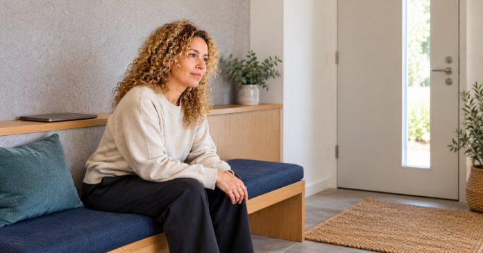 Emotional overwhelm quiet pause 370 20261021 Woman with long golden curls seated on an indigo bench, with a closed laptop on a shelf behind her.