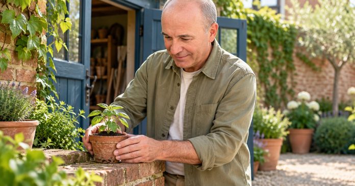 Fear to values garden step 294 Man in an olive shirt placing a potted seedling on a brick garden ledge beside an open blue door