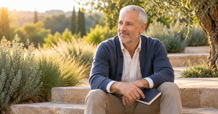 Forgiveness Reflection Garden 388 20261021 White-haired man seated on a garden step with a closed notebook on his lap.