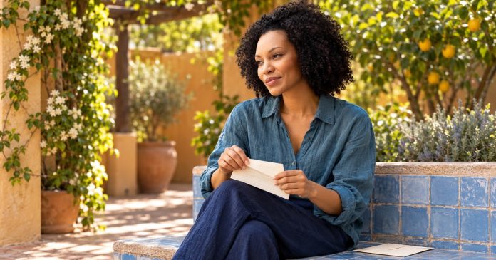 Woman folding a letter on her lap in a quiet courtyard.