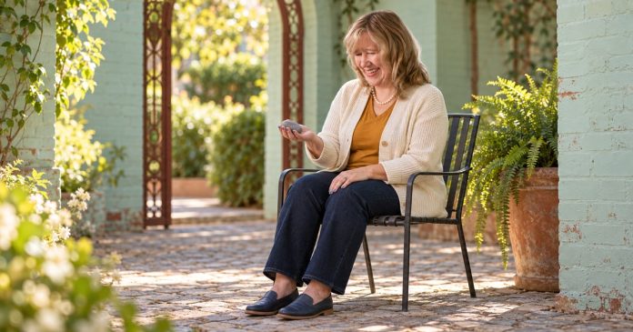 Woman holding a smooth gray stone while seated in a mint-brick courtyard with both feet on the paving