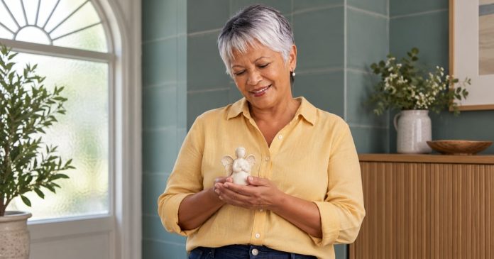 Guardian angels — faith and reflection Silver-haired woman holding a small ceramic angel beside a frosted arched window