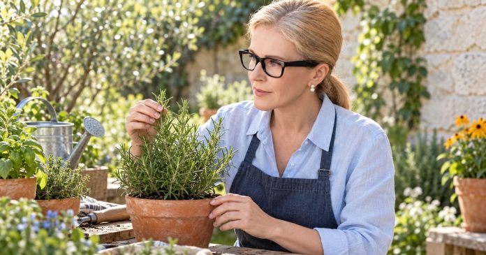 Gentle everyday practice in a herb garden —365 Woman in glasses tending a rosemary plant on an outdoor potting bench