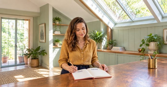 Intuition Hunch and Outcome Journal Woman writing in a journal headed Hunch and Outcome at a copper counter beneath a skylight