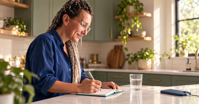 Morning intention writing at a kitchen counter Woman with braids and clear glasses writing in a notebook beside water and a face-down phone.