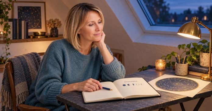 Woman considering a November notebook with moon symbols beside a circular astrology chart.