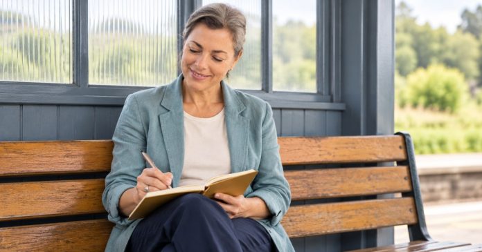 Woman in a pale-teal jacket writing in an ochre journal on a wooden bench in a blue-panelled waiting shelter