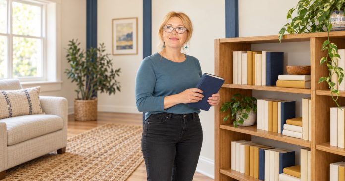 A small personal book project Woman with patterned glasses holding a closed indigo book beside an oak bookcase in a bright reading nook
