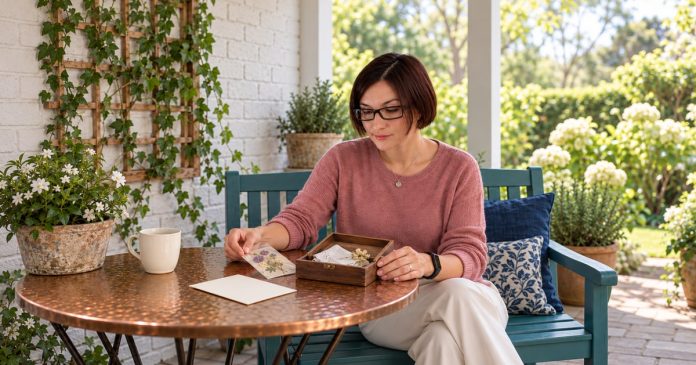 Remembrance and continuing bonds — post 48 Woman arranging a pressed flower packet beside a wooden memory box and blank card on a copper table in a garden patio