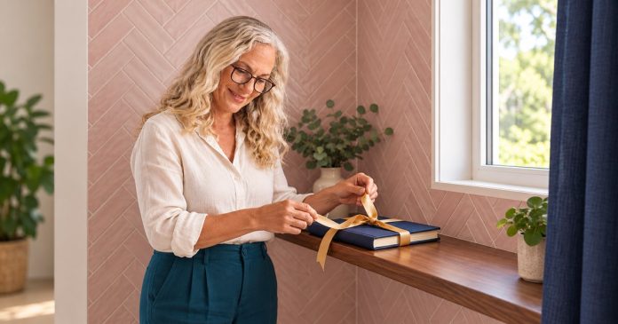 Woman loosening a gold ribbon around an indigo journal on a walnut shelf