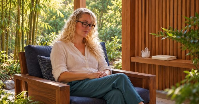 Spirit-guide reflection in a cedar garden pavilion Blonde-haired woman with black glasses sitting quietly in a cedar garden pavilion