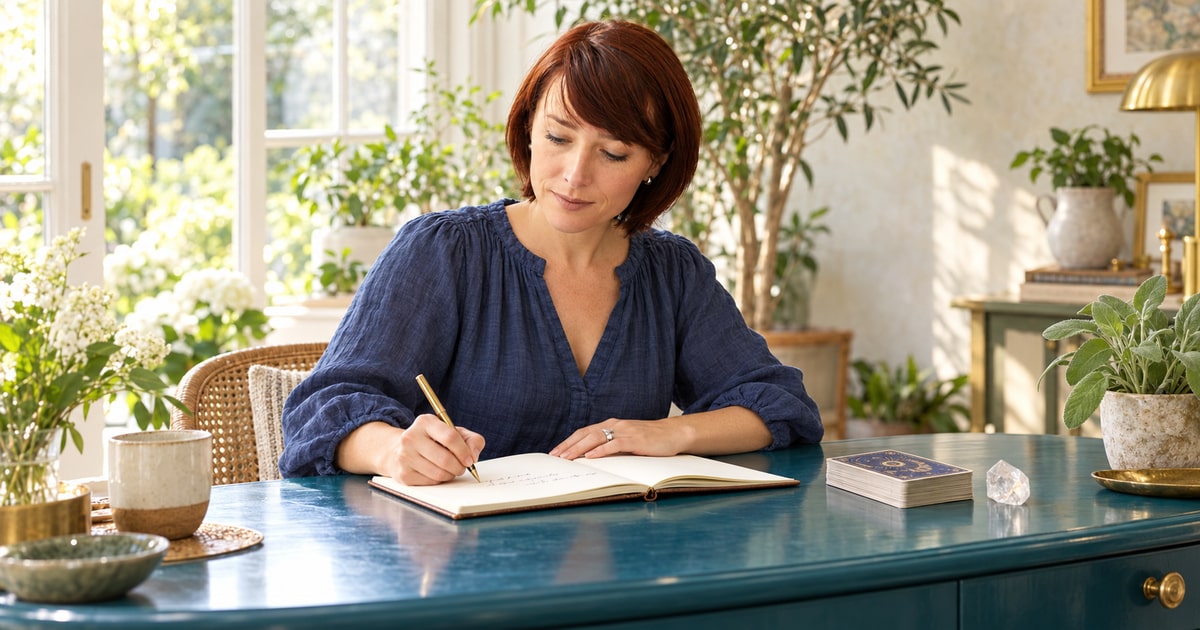 Woman with a copper-coloured bob writing in a journal beside tarot cards and a crystal in a sunny conservatory.