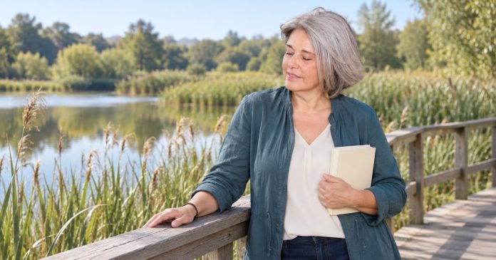 A reflective pause beside a reed-lined pond Silver-haired woman in a teal jacket holding a cream book beside a timber railing and reed-lined pond